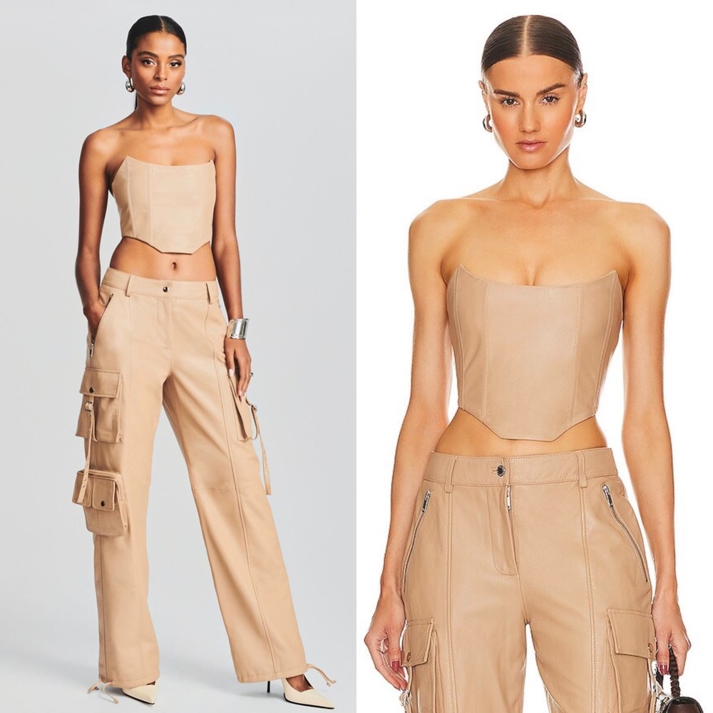 NWT RETROFETE Beige 100% Leather Strapless Bustier Eloise‎ Crop Top XS